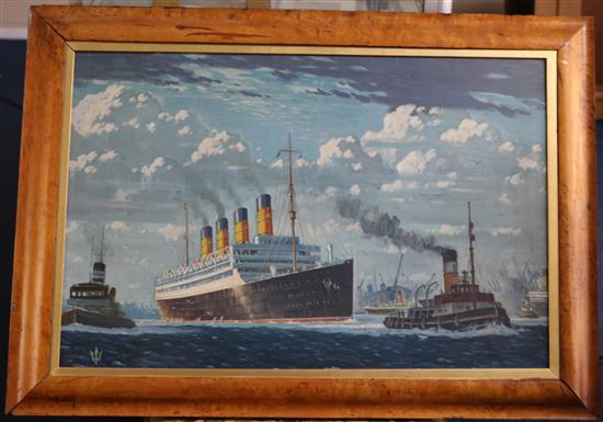 Attributed to Odin Rosenvinge (1880-1957) Liner and tug entering harbour 19 x 28.5in.